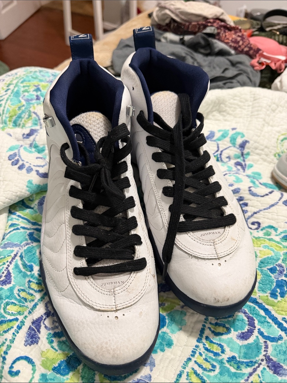 Jordan White and Navy High-Top Sneakers with Black Laces
